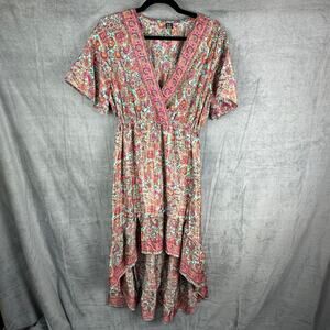 Zury Dress Womens One Size Pink Floral Silk Ruffle Hi Low Cottage Peasant Boho